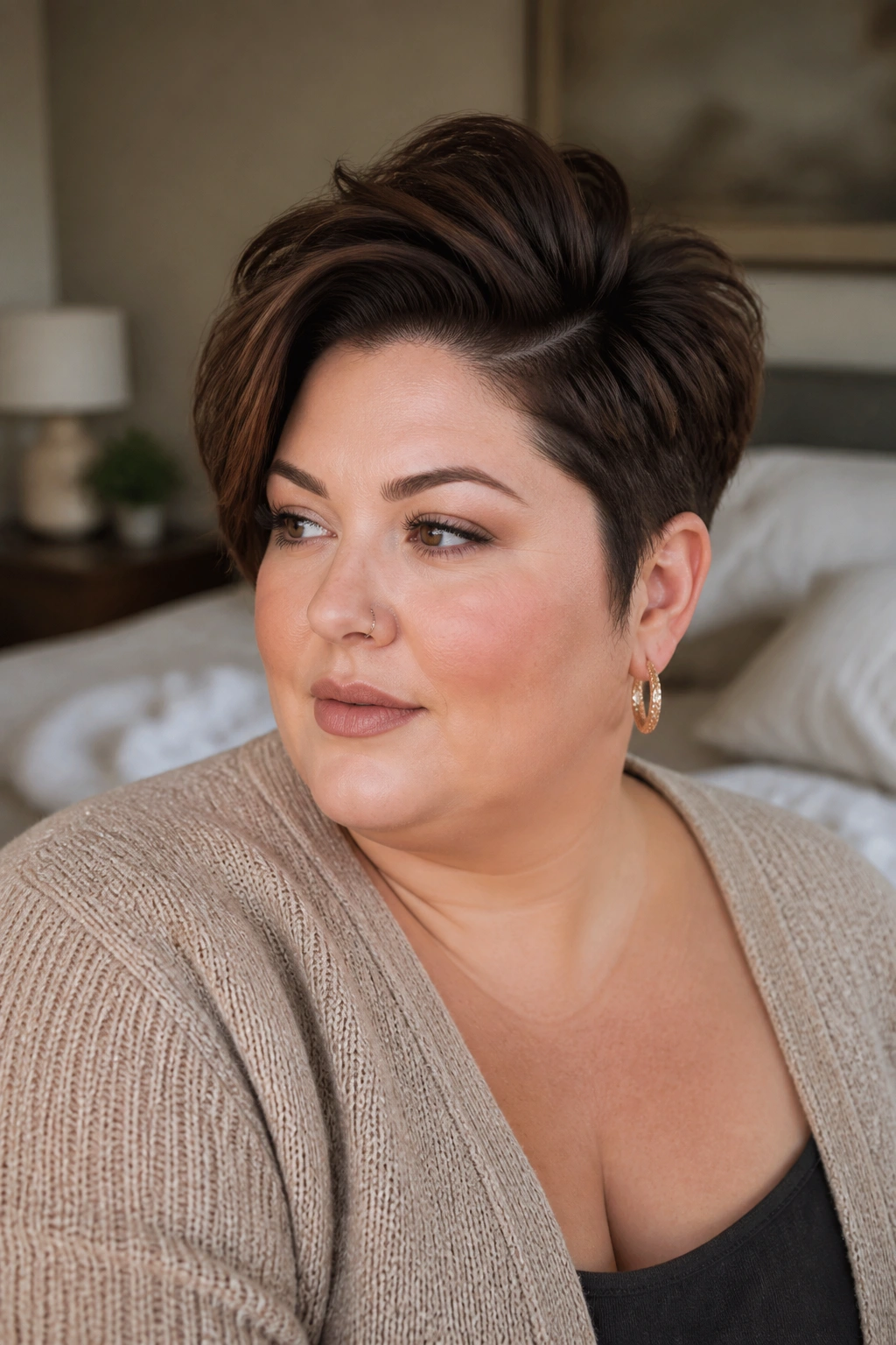 Close-up portrait of a real woman with a deep side-part pixie and crown volume.
