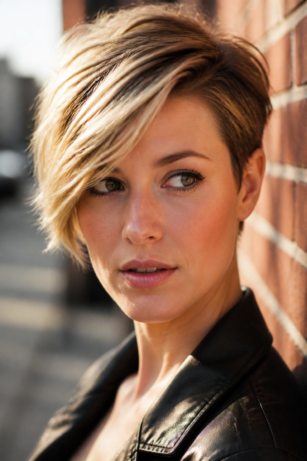 Close-up portrait of a real person with a deep side-part pixie and crown lift.