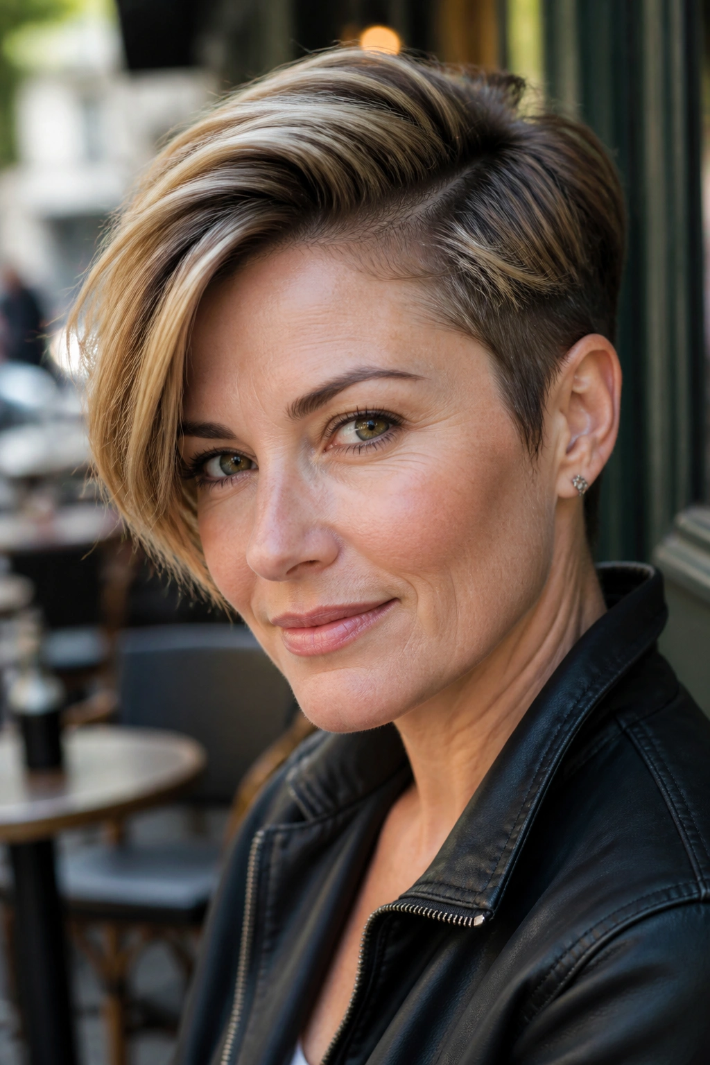 Close-up portrait of a real woman with deep side-part pixie in an urban cafe setting.