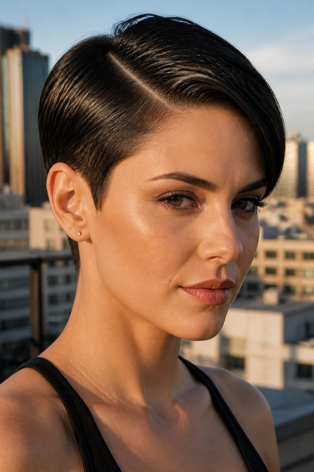 Close-up of a real person with a deep side-part pixie and glossy shine