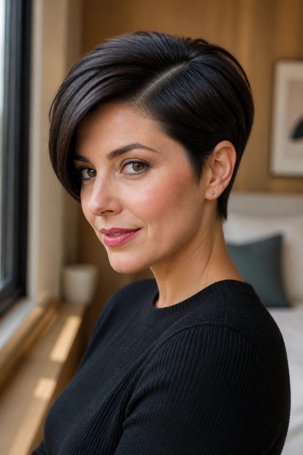 Close-up of a real woman with a sleek long pixie and a deep side part