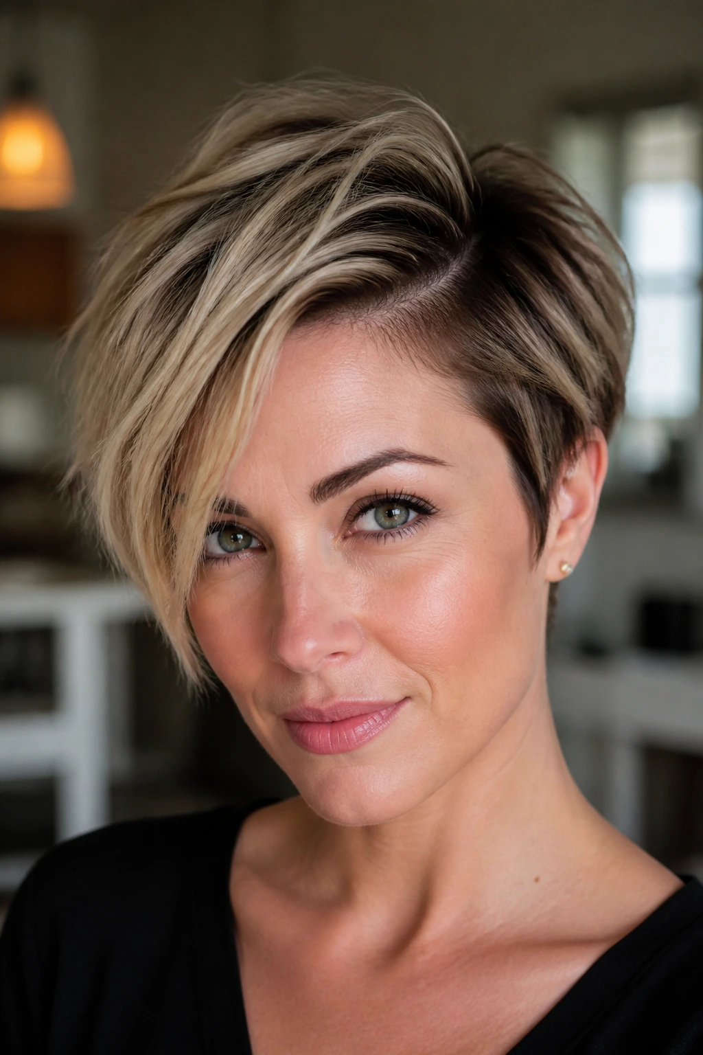 Close-up of a real woman with a deep side-part tousled pixie and textured top