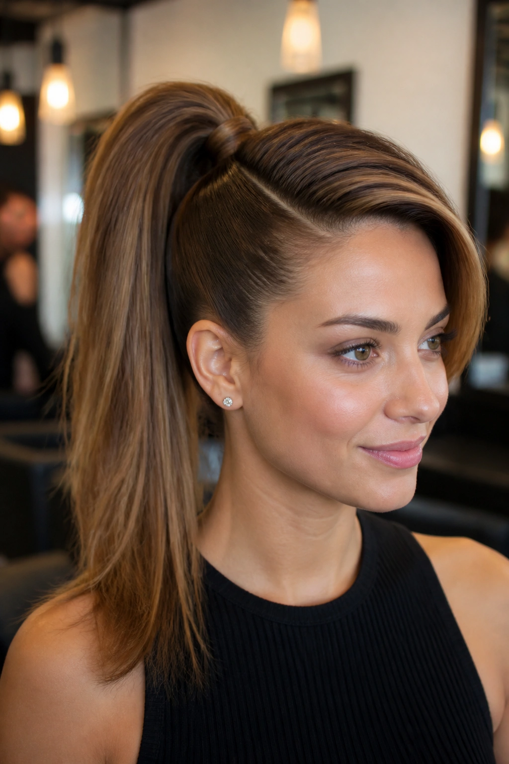 Portrait of a real woman with a deep side-part high ponytail under warm salon lighting