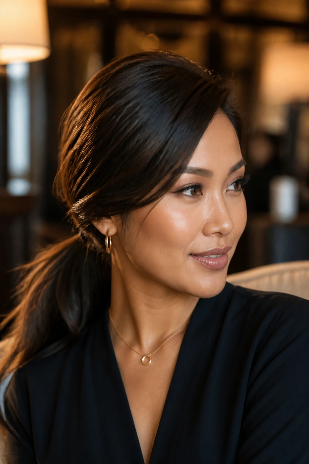 Close-up of a woman with a deep side-part low ponytail in a cozy lounge