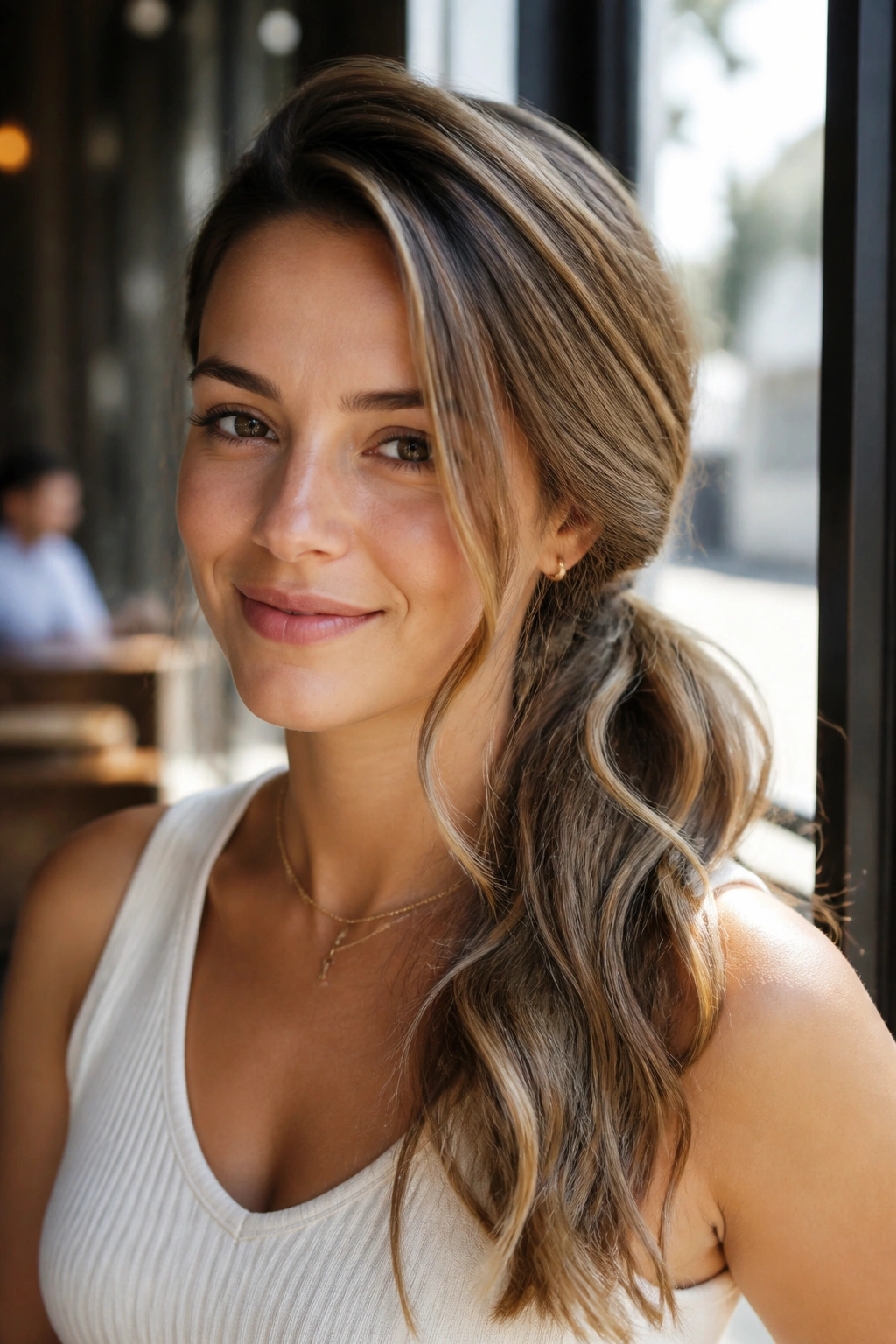 Close-up of a real woman with a deep side part and side ponytail