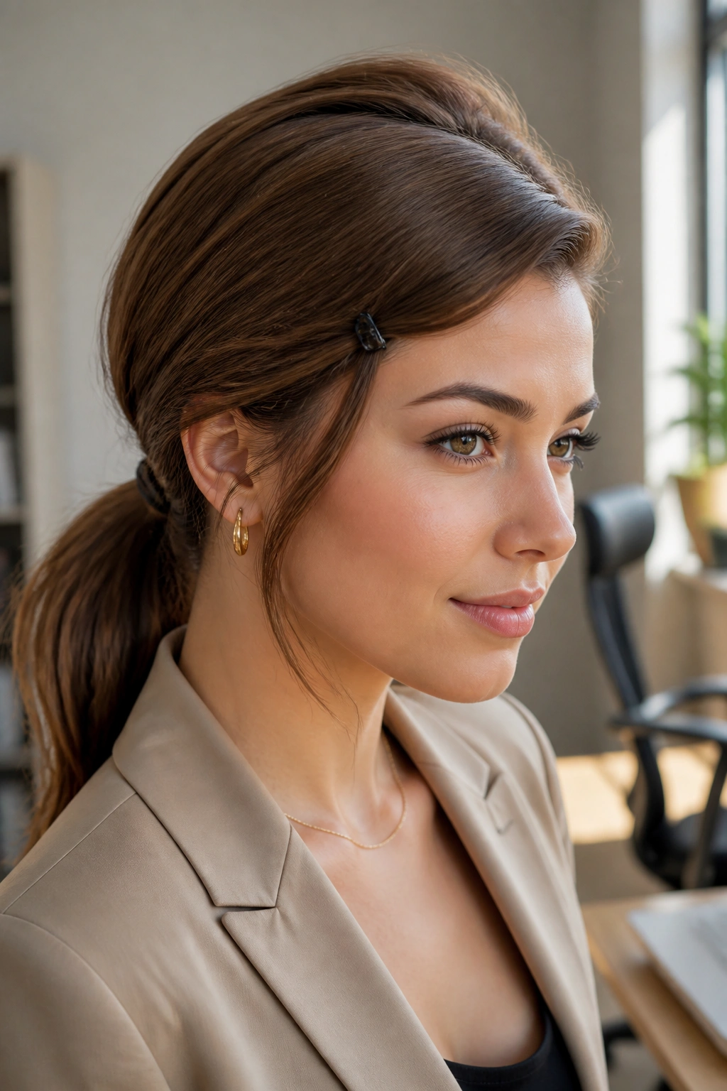 Close-up portrait of a woman with a deep side-part low ponytail in a warm office setting