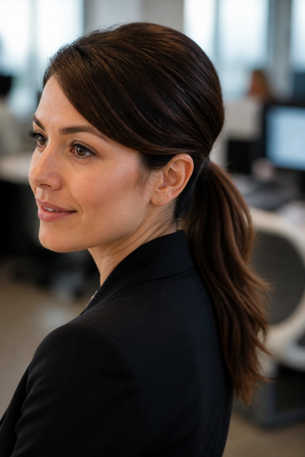 Portrait of a real woman with a deep side-part ponytail in an office