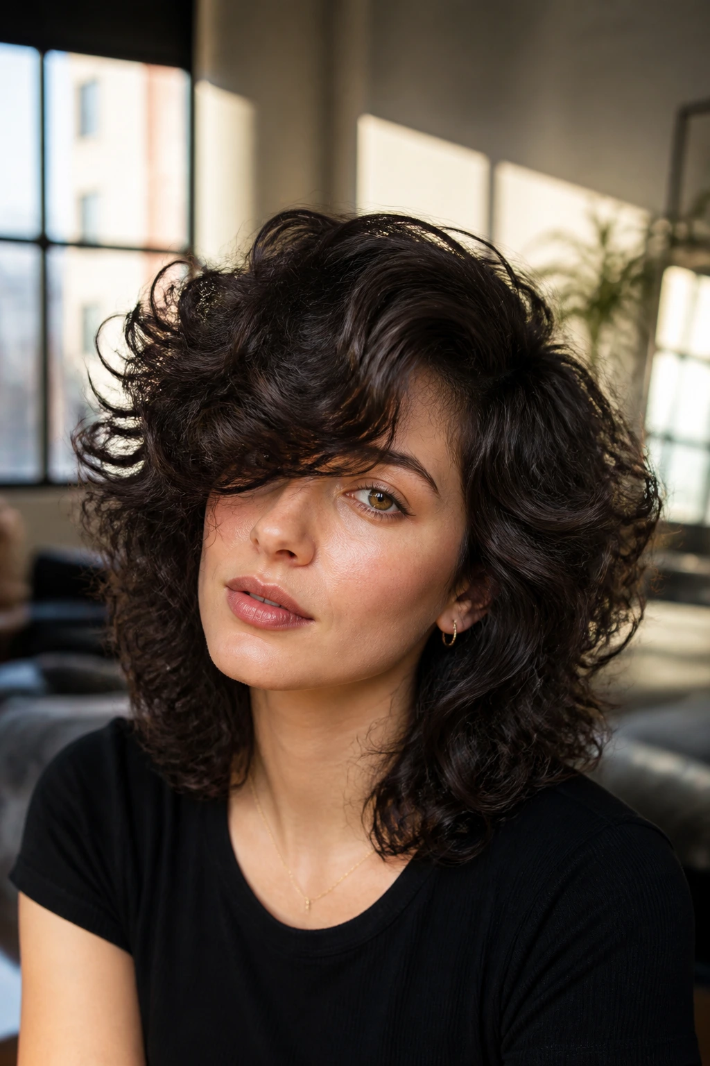 Real person with deep side-part retro shag perm in warm indoor light.