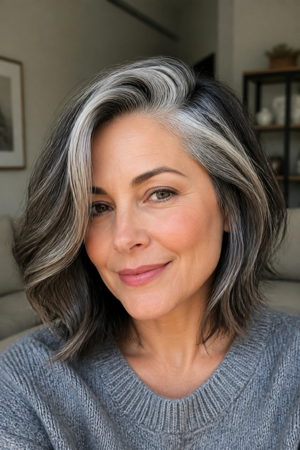 Close-up portrait of a real woman with a deep side part and ribbon-light highlights in salt-and-pepper hair