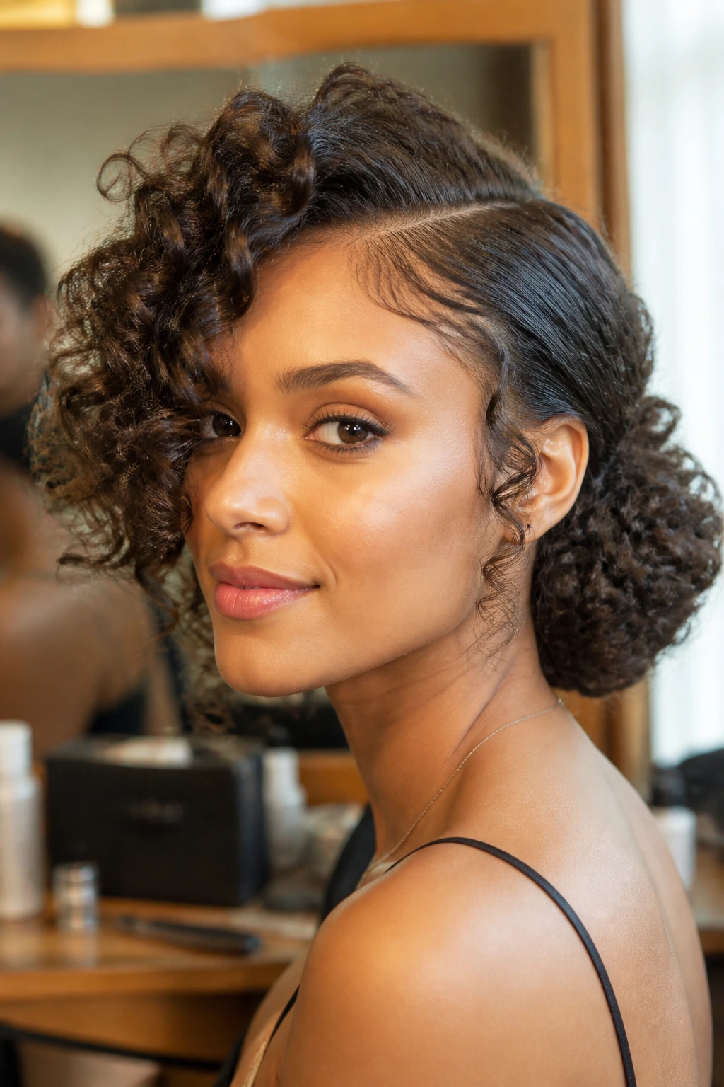 Close-up of a real woman with a deep side-part roll tuck for volume