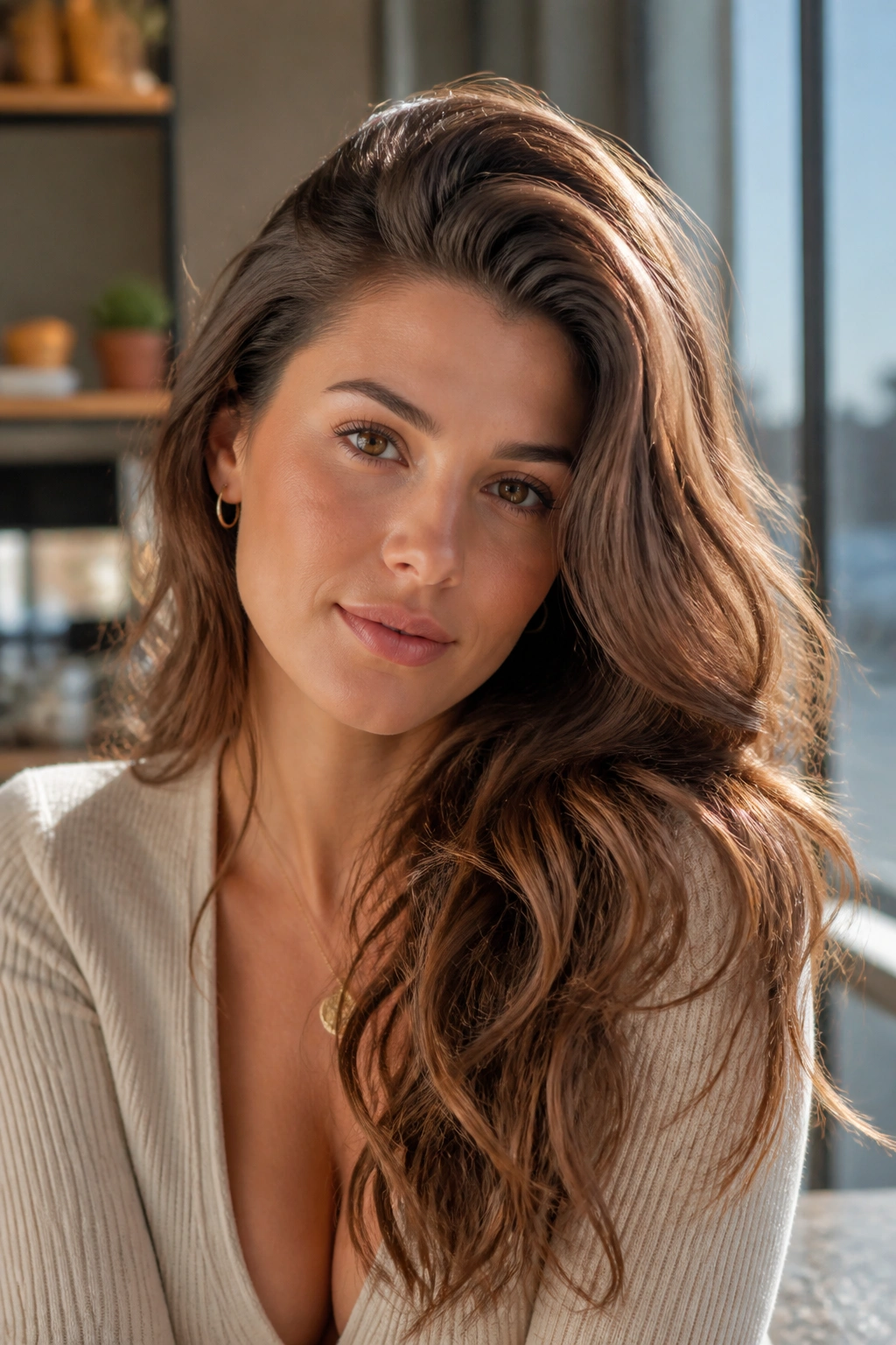 Medium close-up of a real woman with a deep side part and lifted roots in long wavy hair