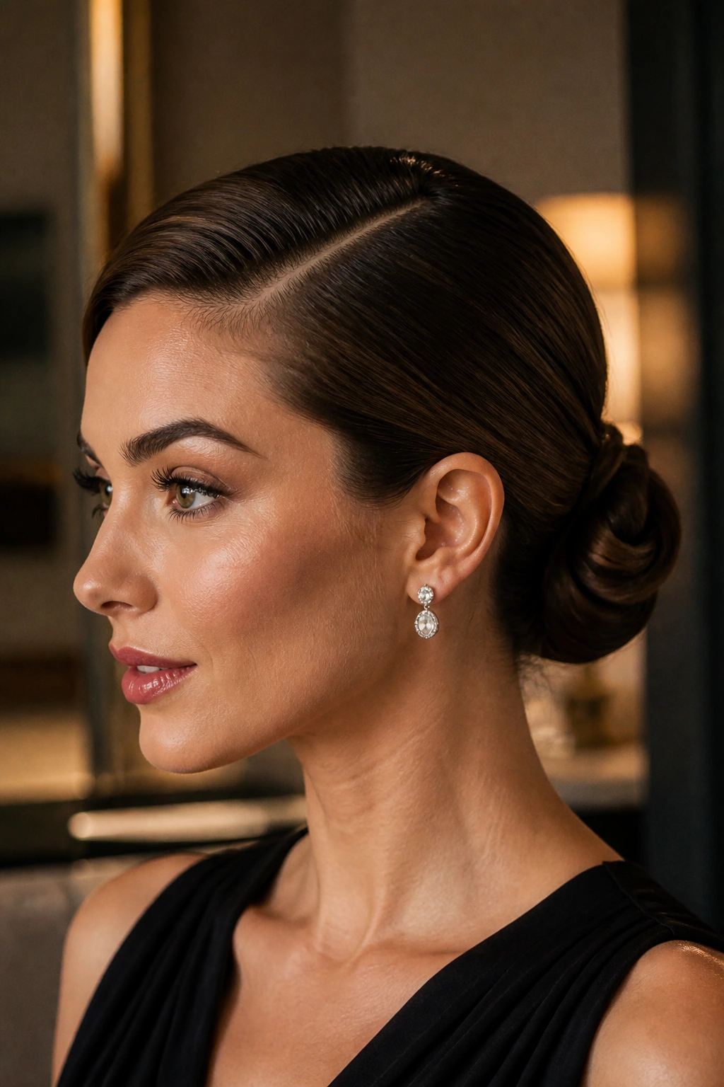 Close-up of a real person with a deep side-part and a low sculpted bun.