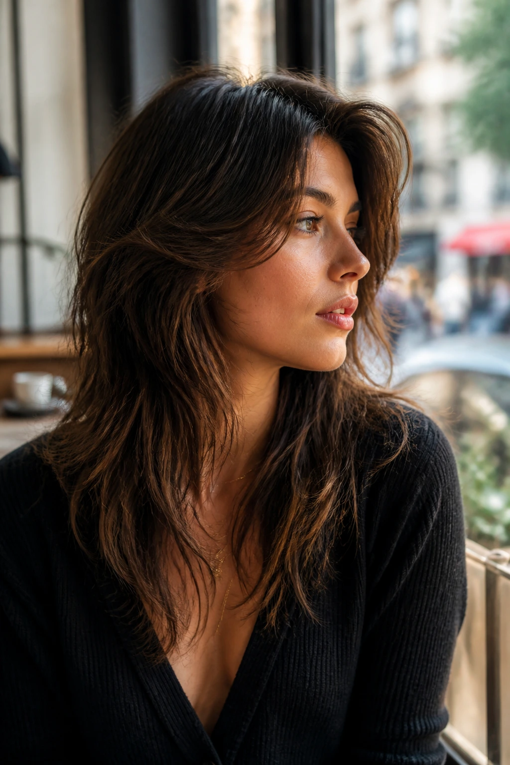 Side profile of a person with deep side-part shag showing brow-flip front pieces