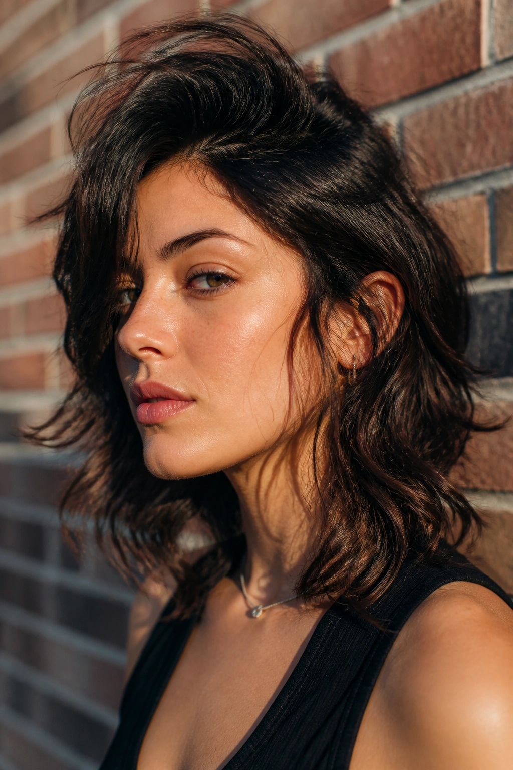 Portrait of real person with deep side-part shag against brick wall