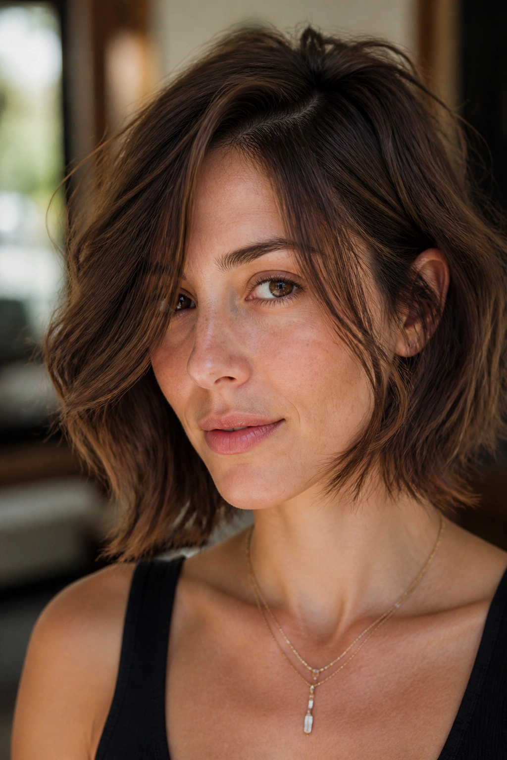 Close-up of a real woman with a deep side-part shag and face-framing ribbons