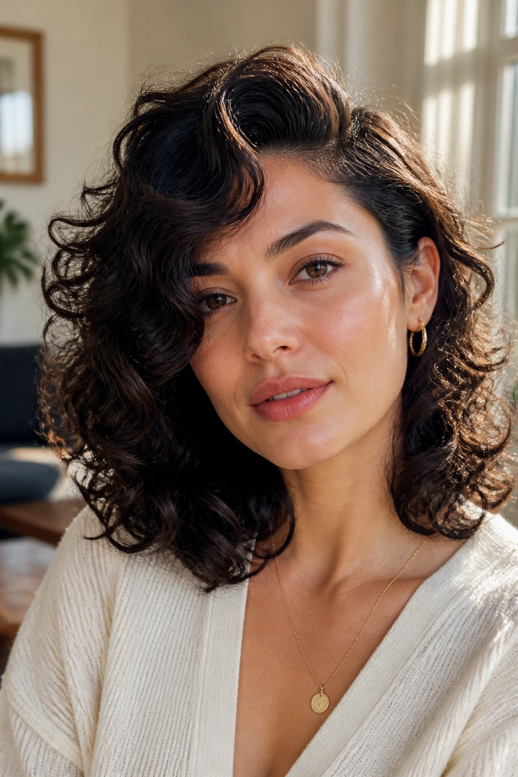 Close-up of a real woman with a deep side-part curly shag and sweep in a sunlit living room