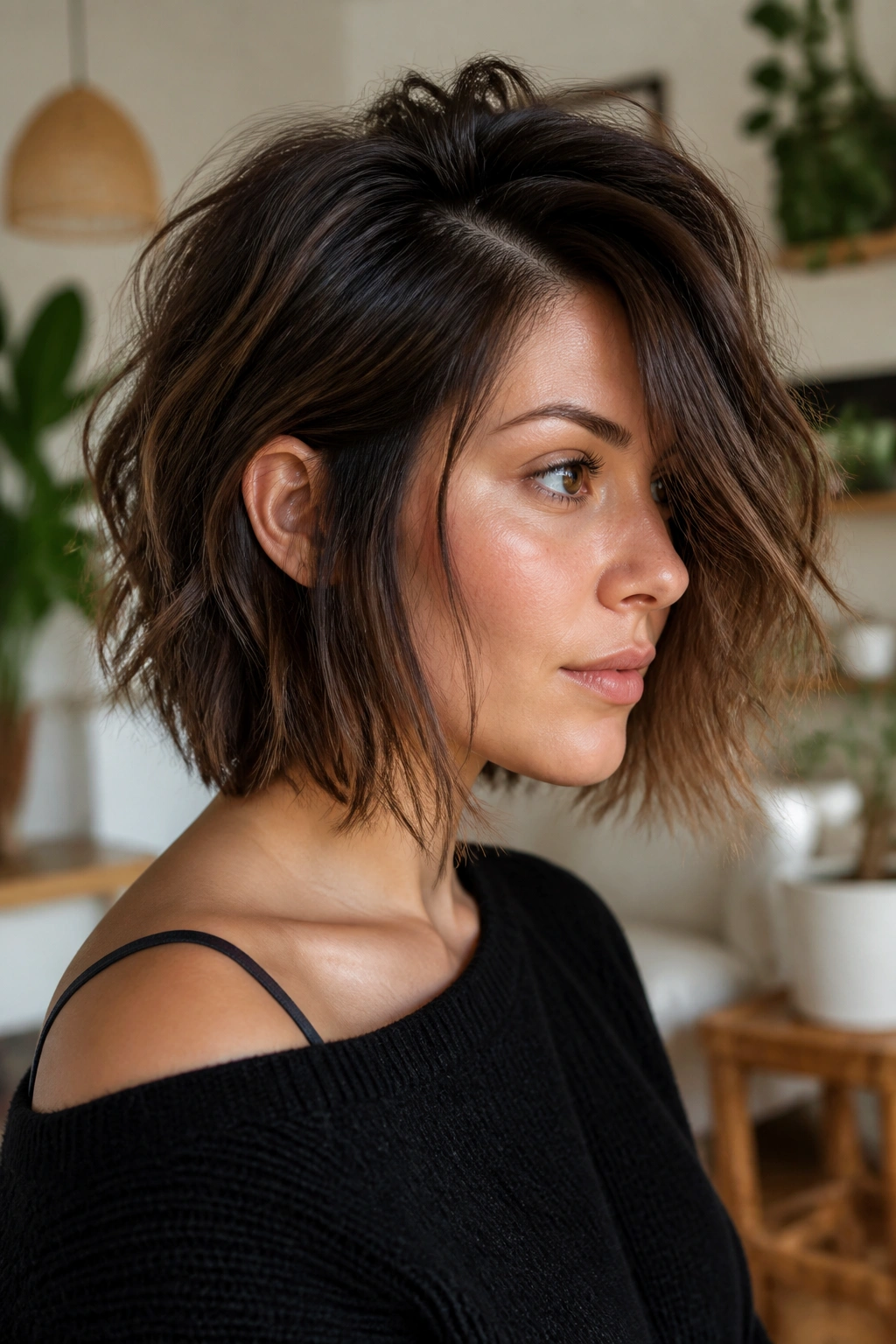 Real woman with deep side-part shaggy bob in bright living room