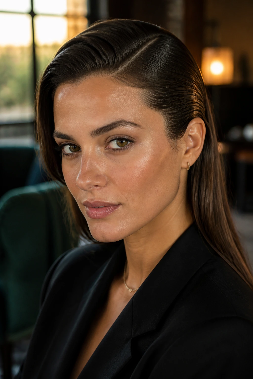 Close-up portrait of a real person with a deep side-part slicked-back long hair in a warm interior