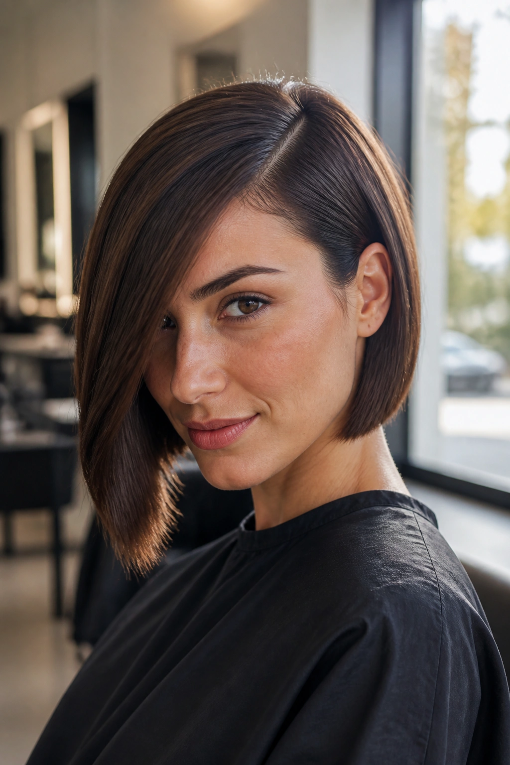 Close-up real woman with deep side-part sleek bob in daylight in a salon