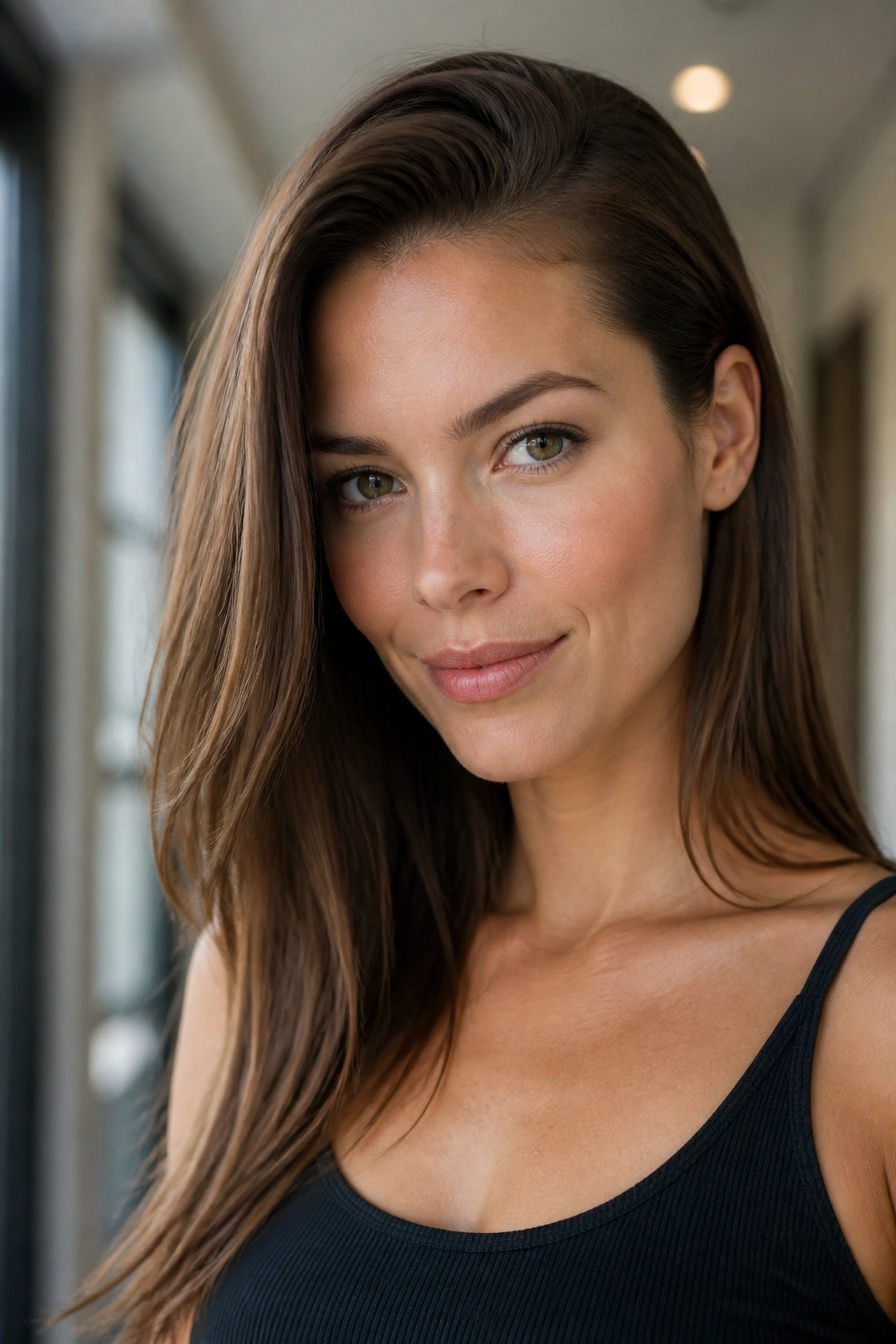 Portrait of a real woman with a deep side part and sleek lengths.