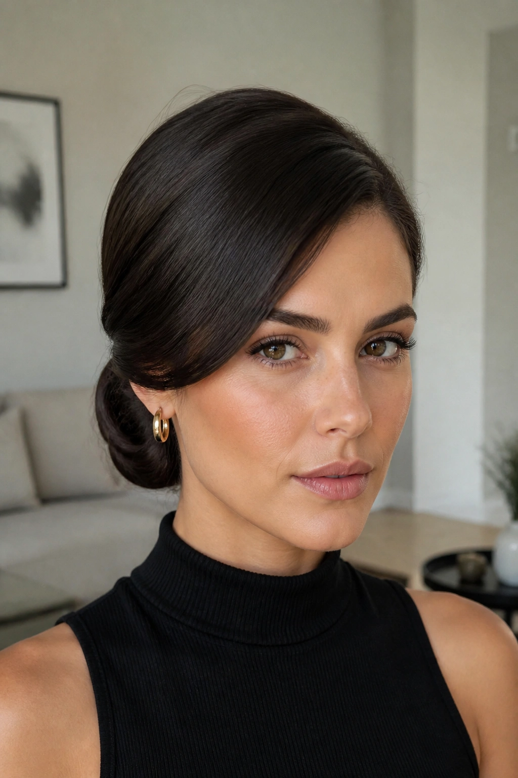 Portrait of a woman with a deep side part and sleek low bun