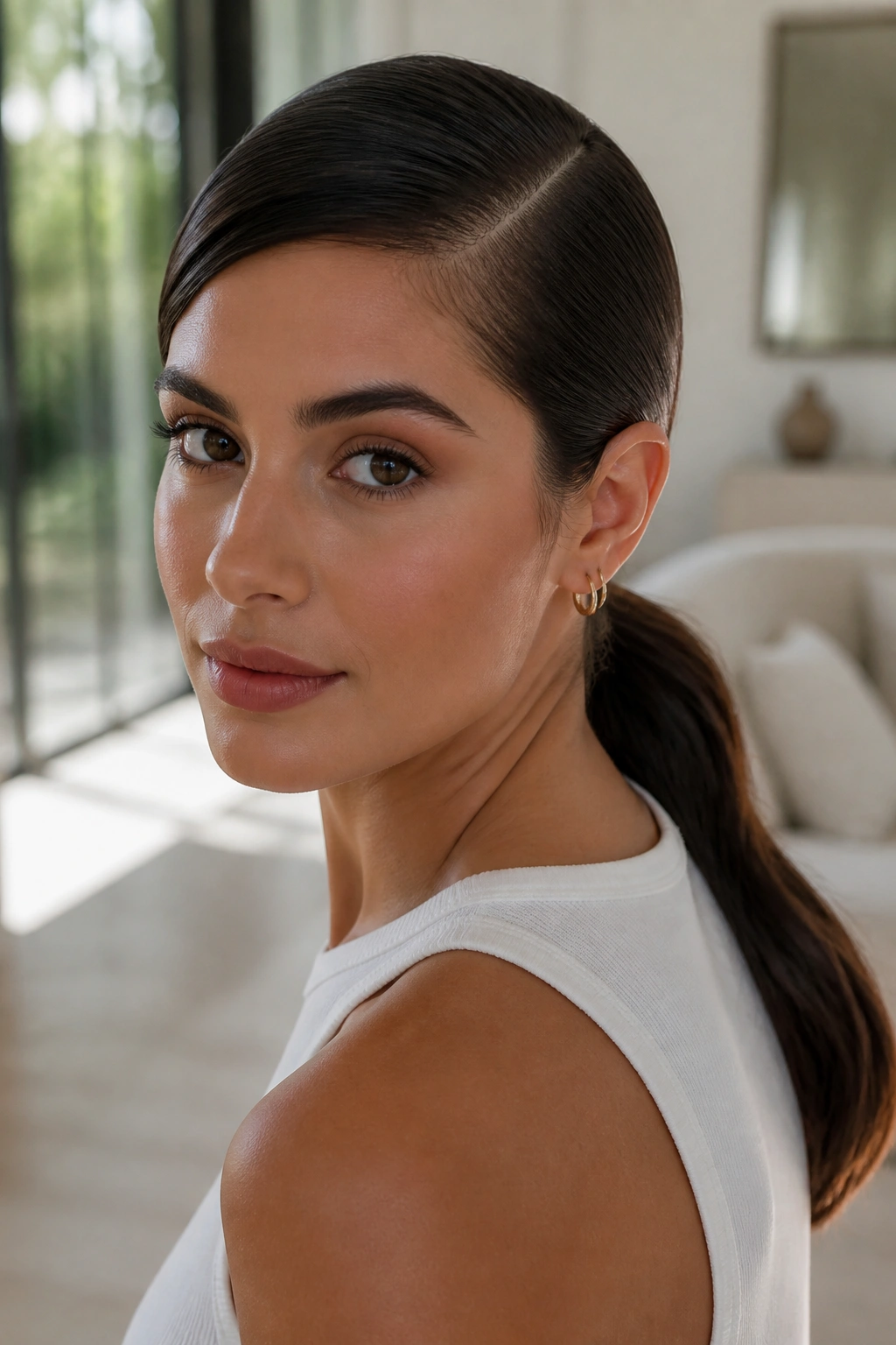 Close-up of a real woman with a deep side-part sleek low ponytail behind the ear in natural light