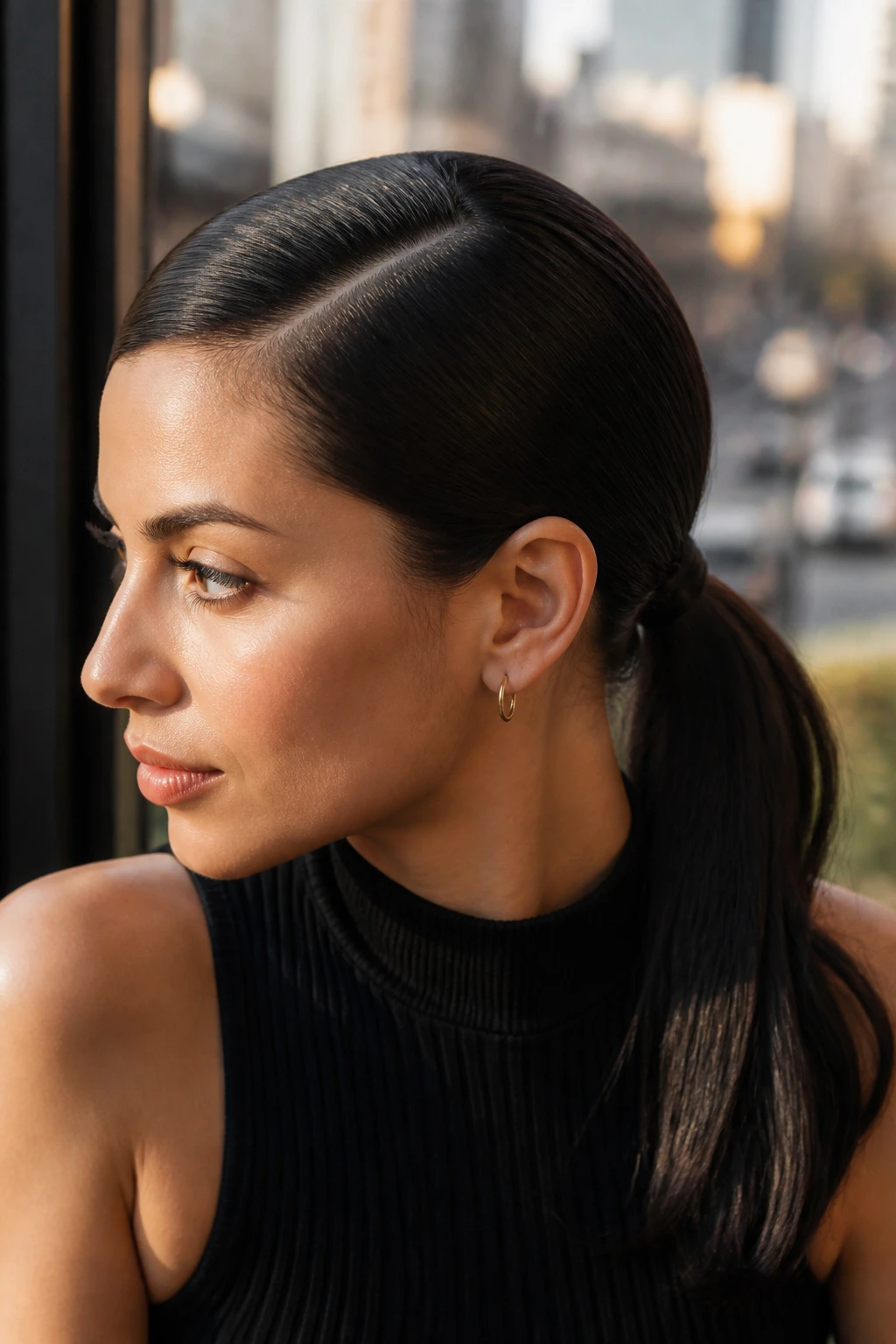 Close-up of deep side-part sleek ponytail with hair tucked behind the ear on a real woman.