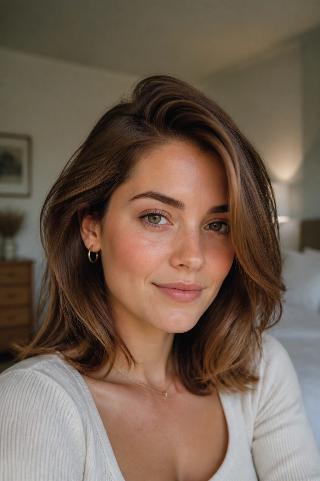 Close-up portrait of a woman with a deep side part and soft volume