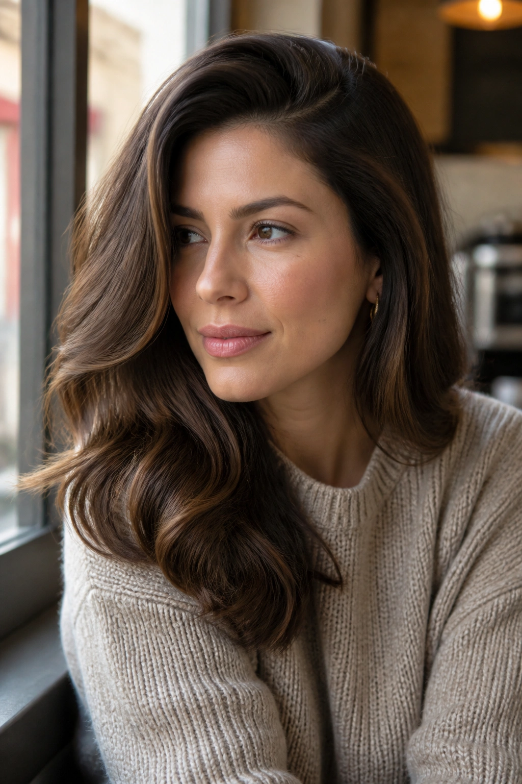 Woman with a deep side part and soft waves in warm natural light