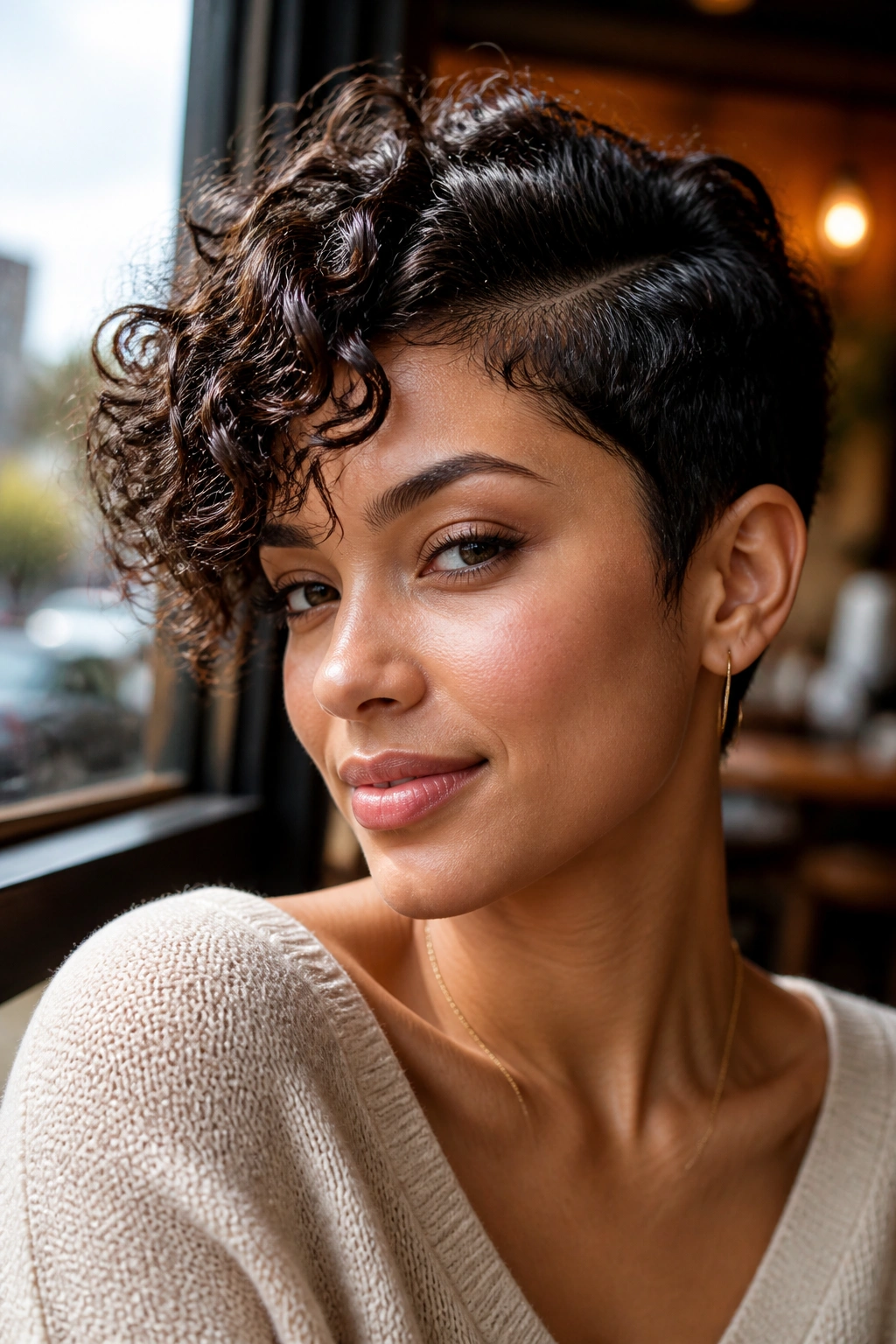 Portrait of a woman with a deep side-part and swingy front curls