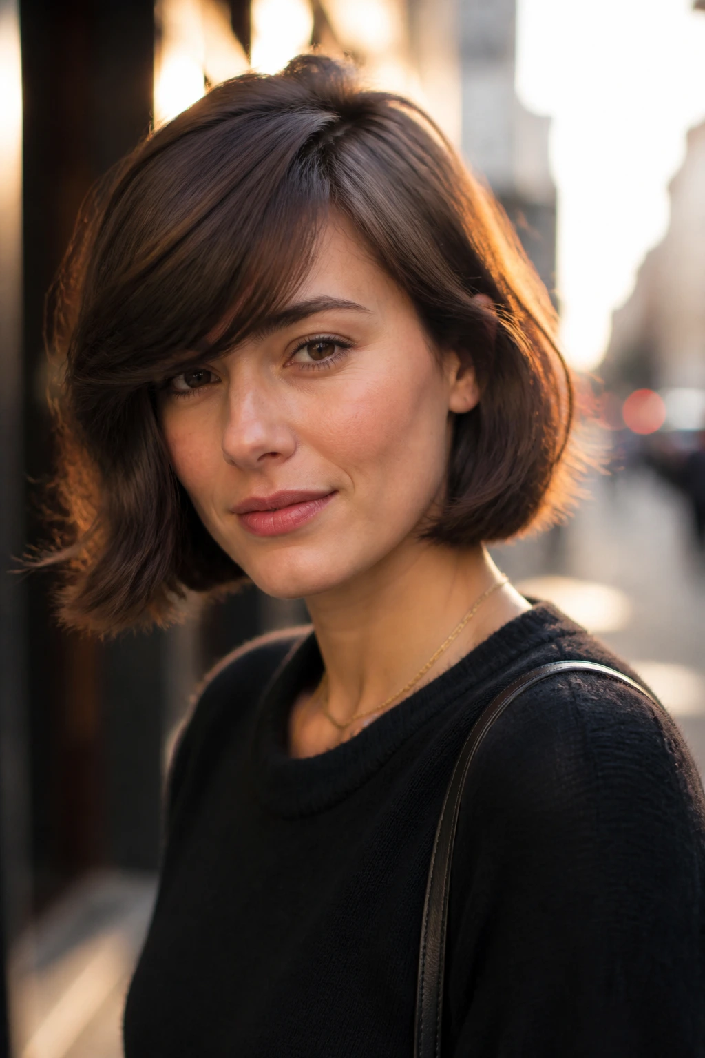 Close-up of a real woman with a deep side-part and swoopy bangs in an urban setting