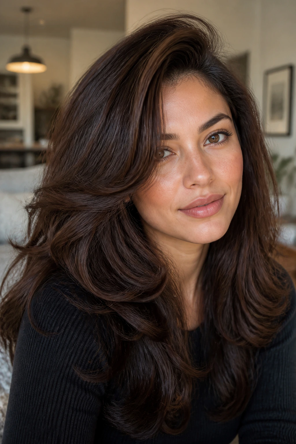 Close-up portrait of a real woman with a deep side-part and soft front layers for thick hair
