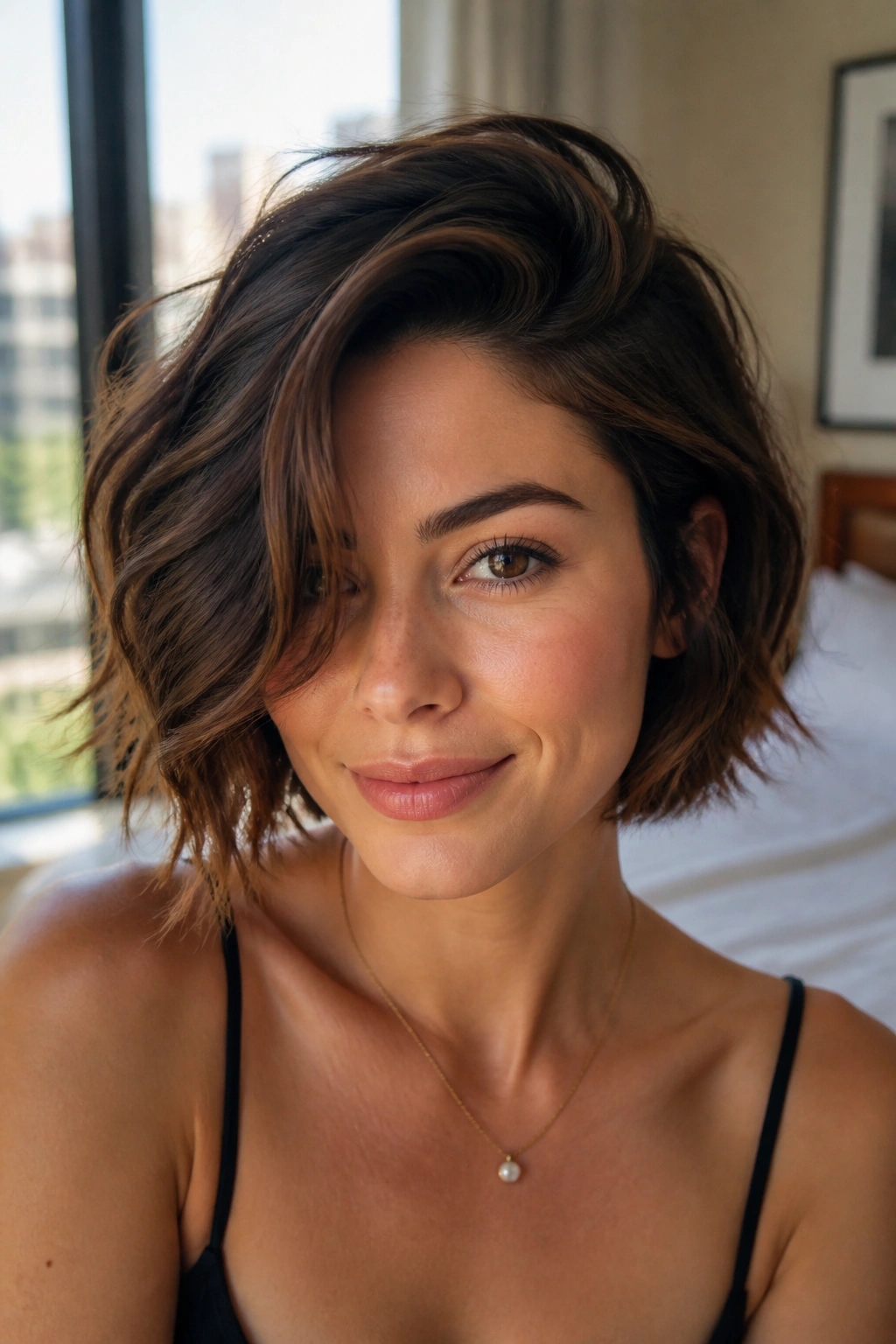Close-up portrait of a real woman with a deep side-part tousled bob in natural window light