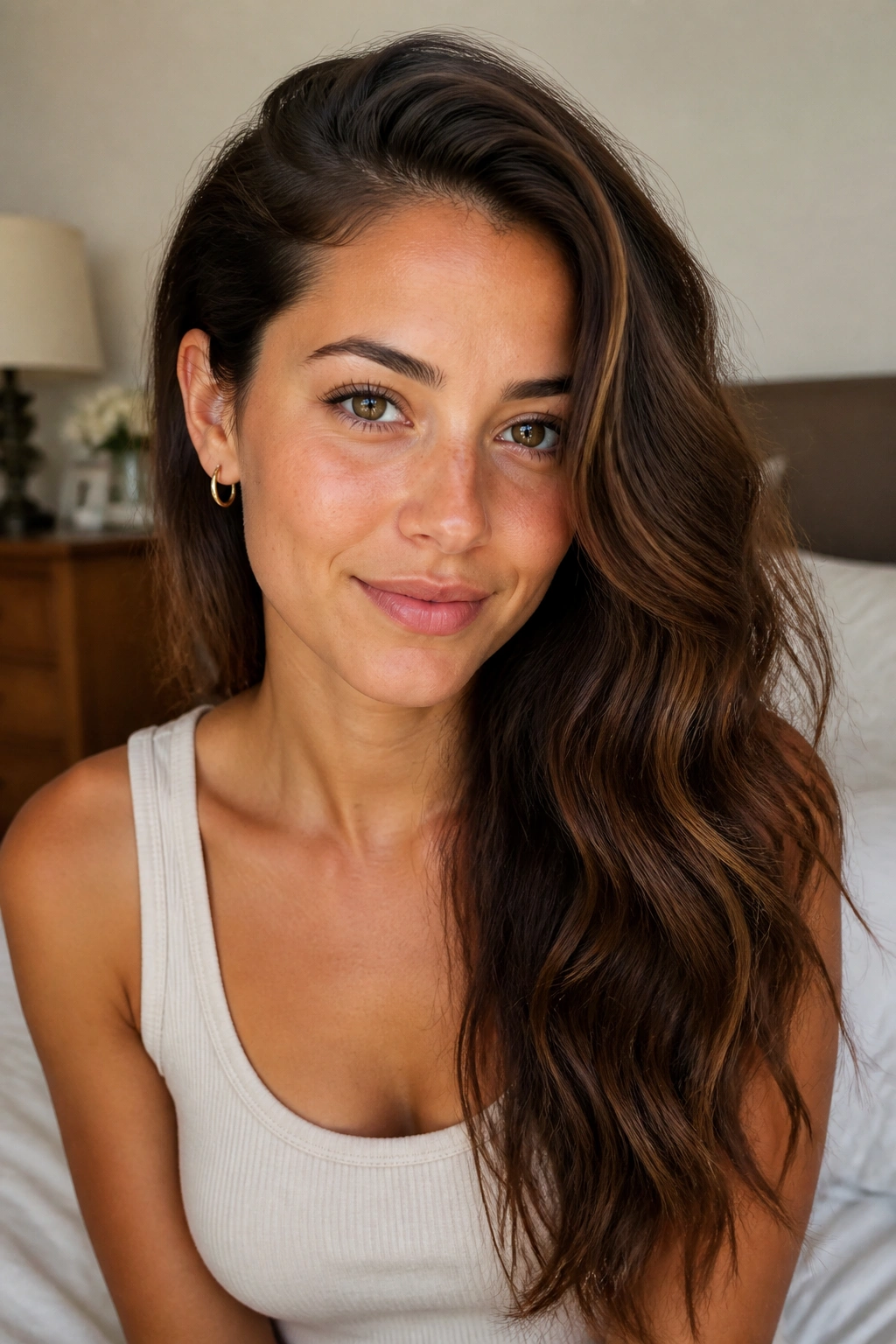 Real woman with deep side-parted waves and tucked side under ear in warm natural light
