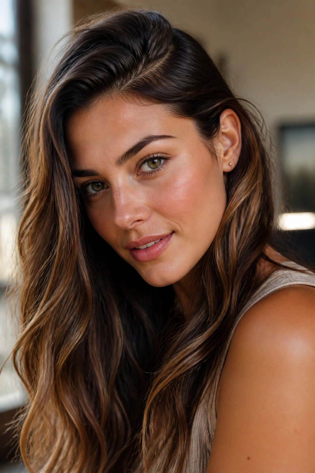 Close-up of a real woman with a deep side part and tucked-front section