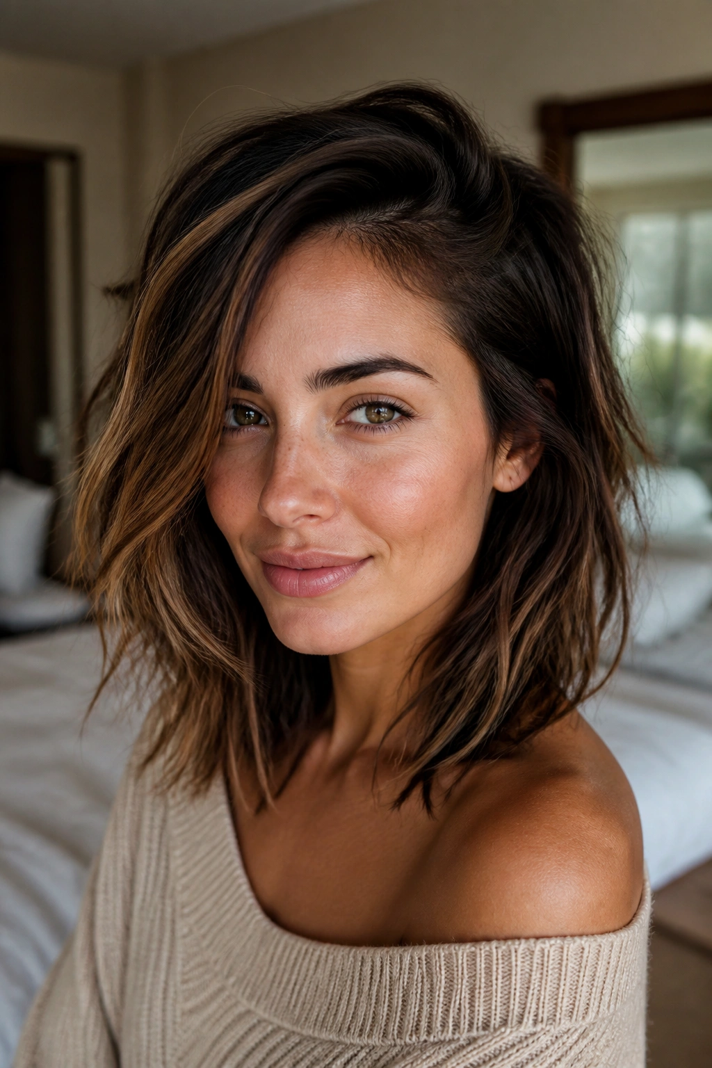 Close-up of a real woman with a deep side part and uneven texture hairstyle in warm light