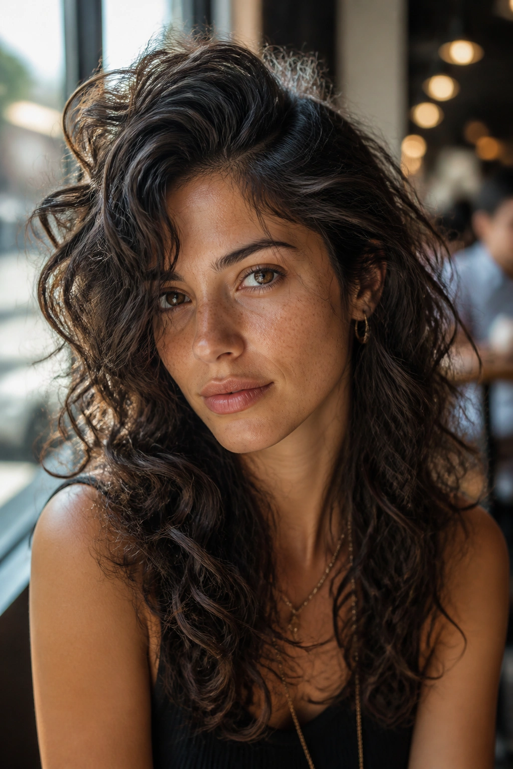 Portrait of real person with deep side part long curly wolf cut in a cafe setting.