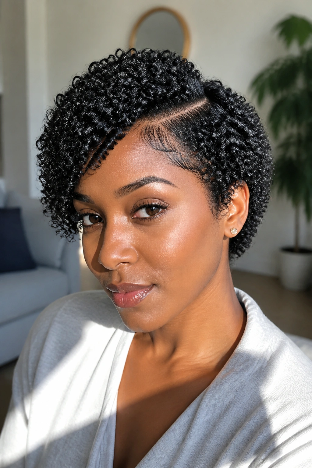 Close-up of a real Black person with a deep side-part wash-and-go crop in a bright living room
