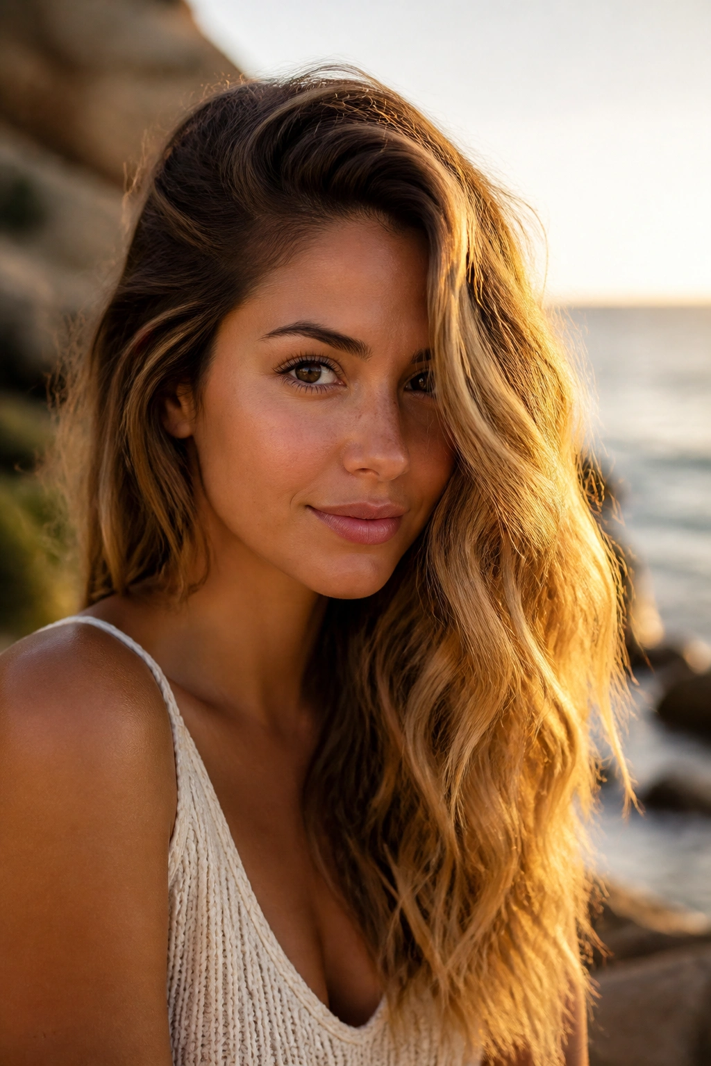 Portrait of a woman with a deep side part and beachy waves by the sea