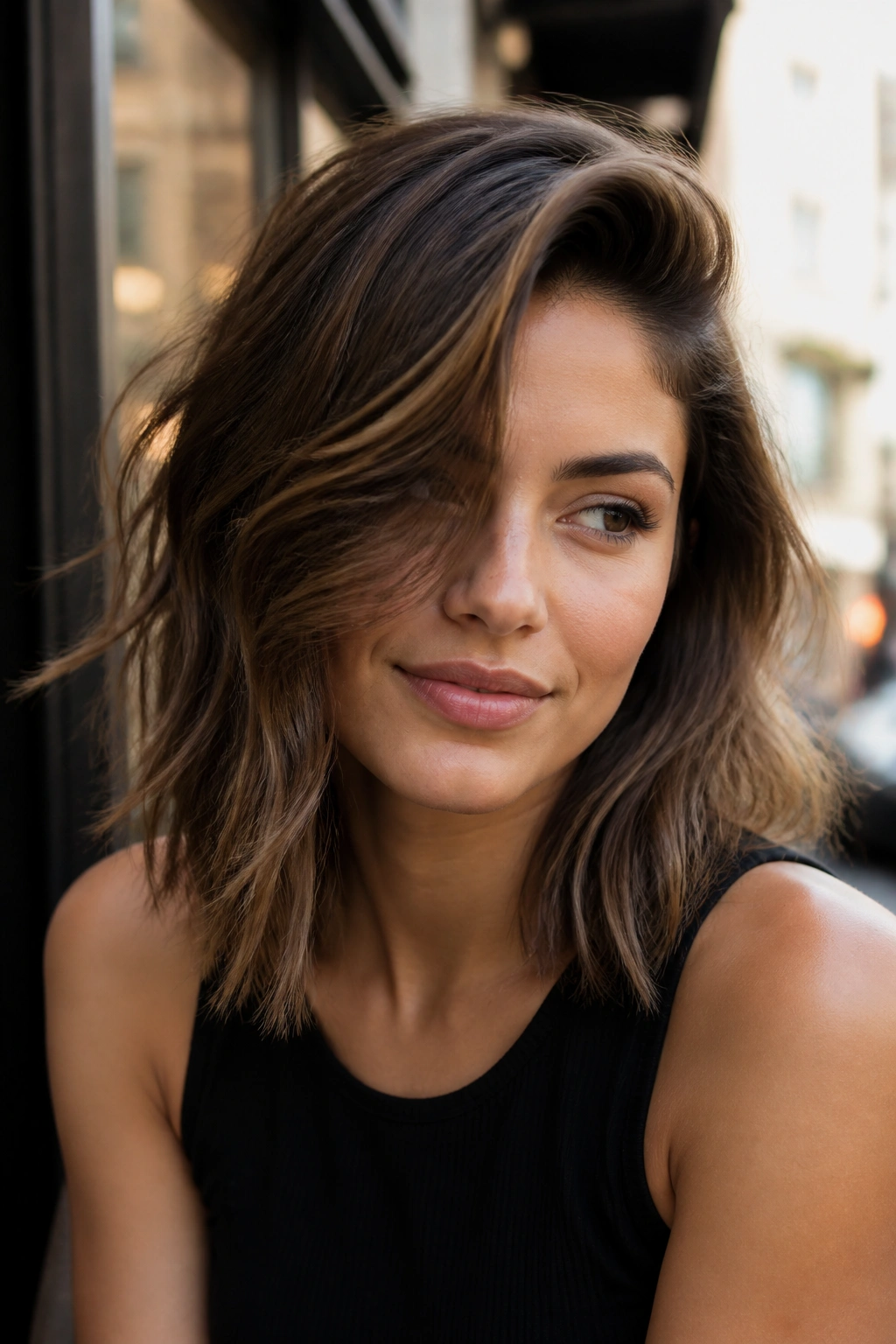 Real woman with deep side part and undone waves in cafe setting