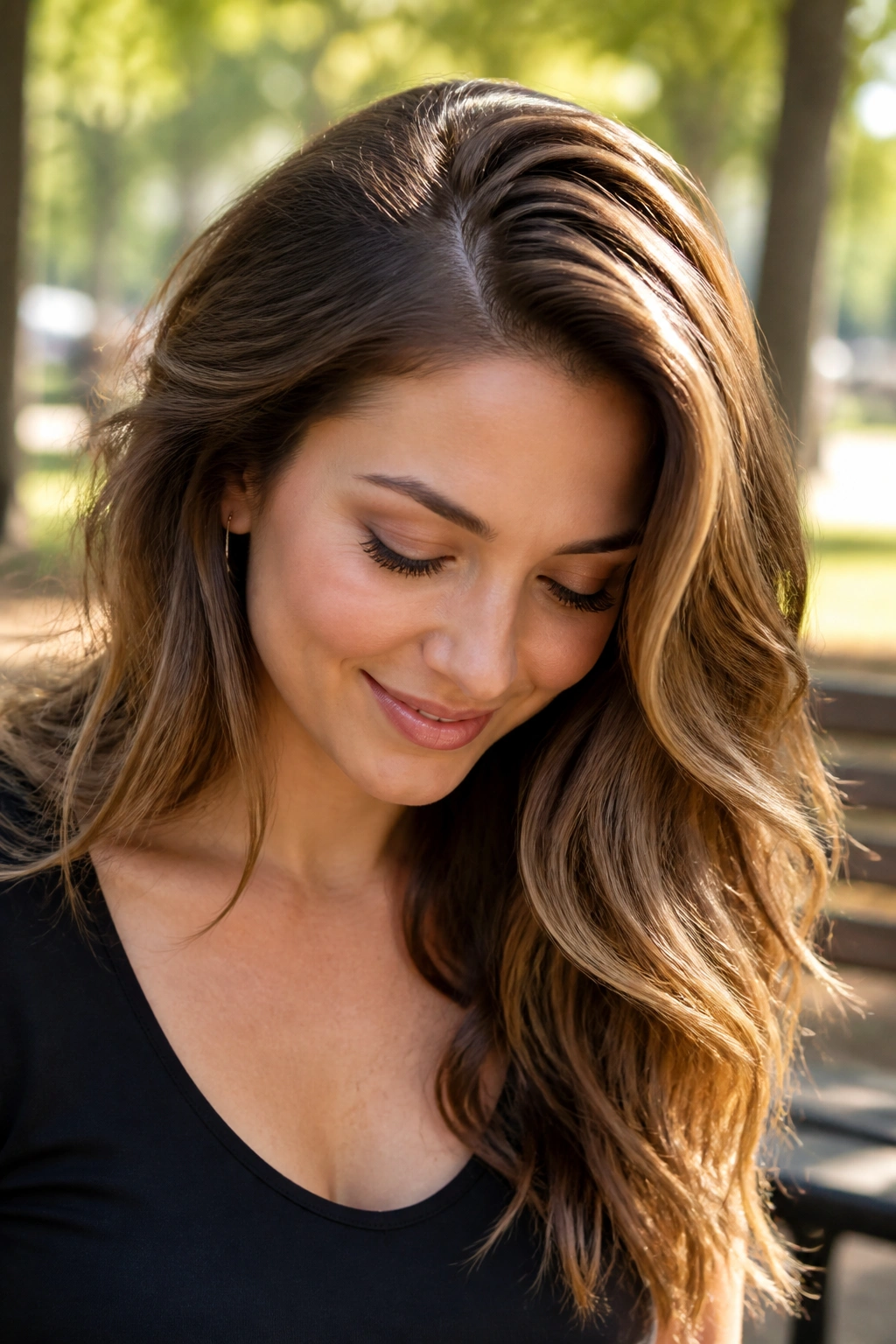 Portrait of a real person with a deep side part and loose waves