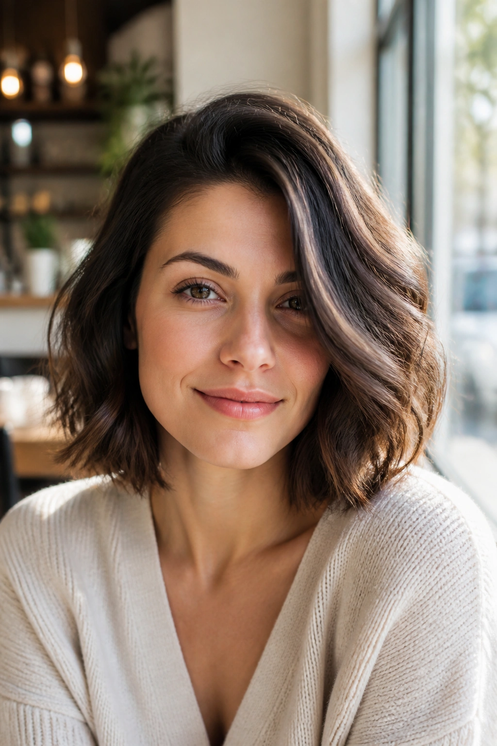 Close-up of a real woman with deep side-part and brushed-out waves in cafe light