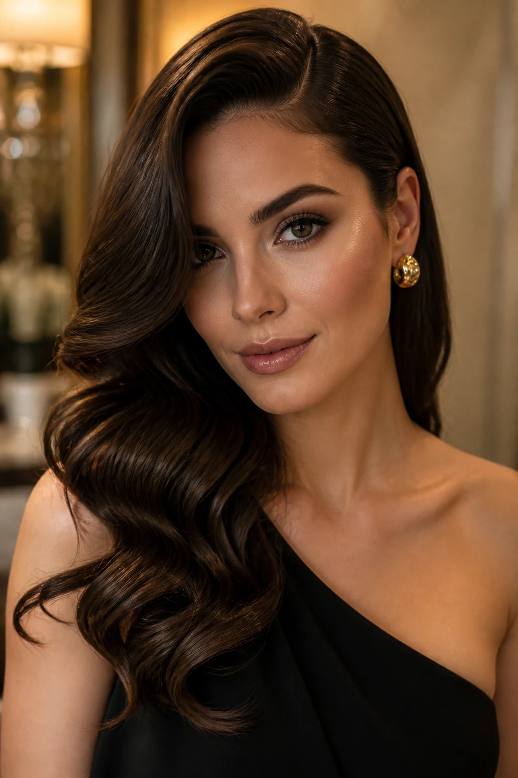 Portrait of a woman with a deep side part and Hollywood waves in soft lighting