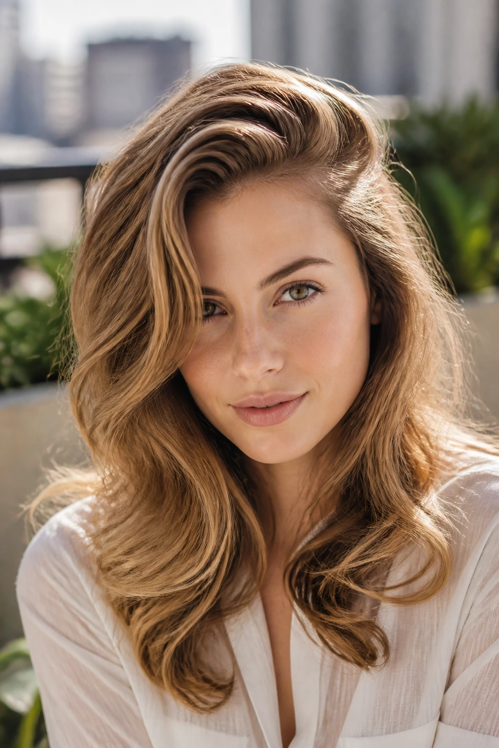 Real woman with a deep side part and voluminous waves in a sunlit outdoor setting.