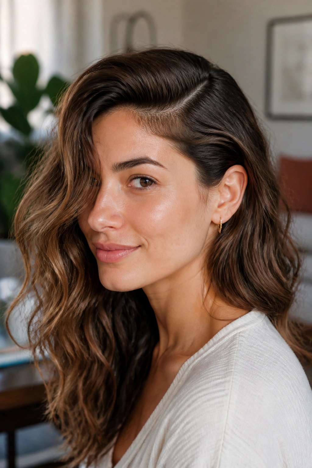 Real woman with deep side part and full waves in softly lit living room