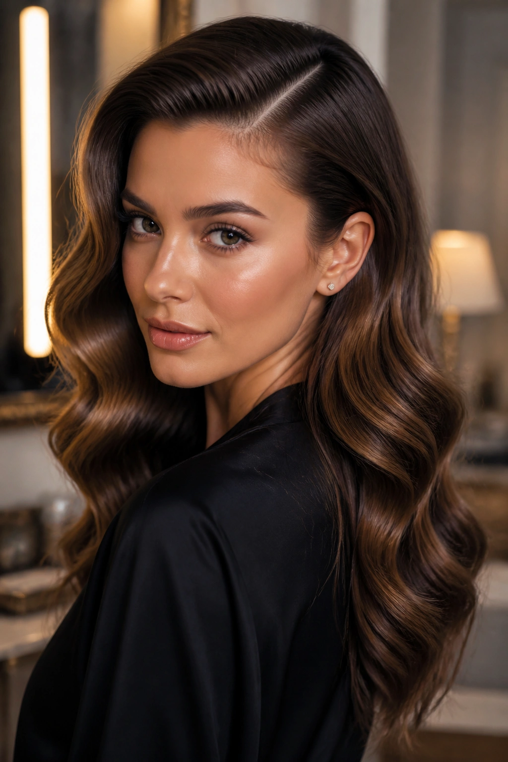 Close-up of a real woman with deep side-part glam waves in a dressing room