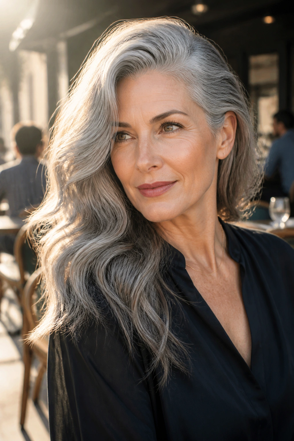 Real woman with deep side-part waves and silver highlights in outdoor light.