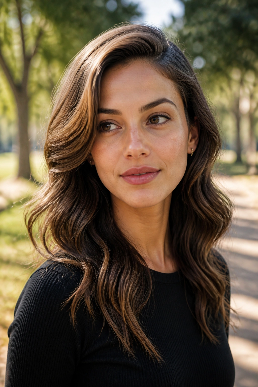 Portrait of a woman with deep side-parted waves in natural sunlight