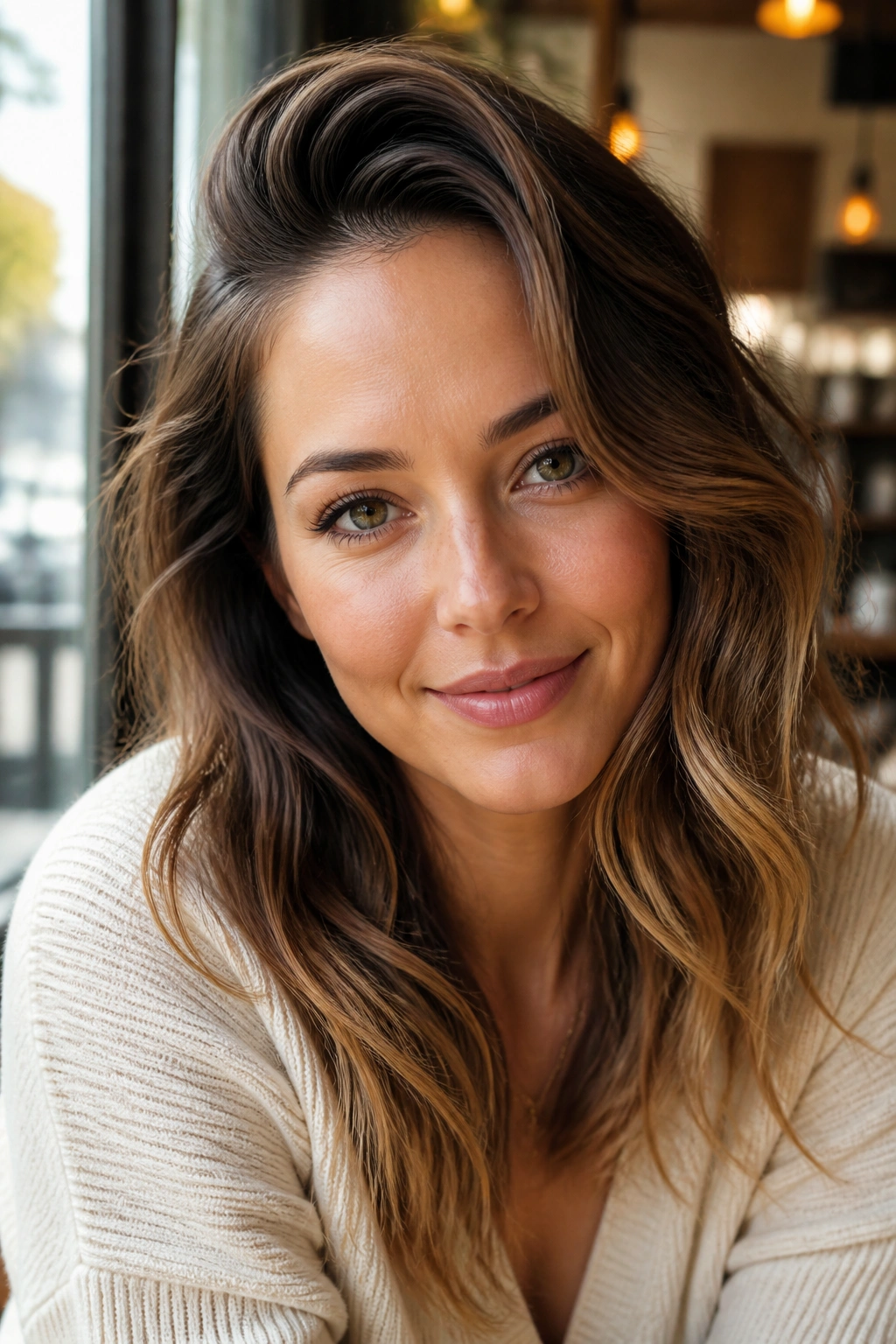 Portrait of a woman with a deep side part and loose waves