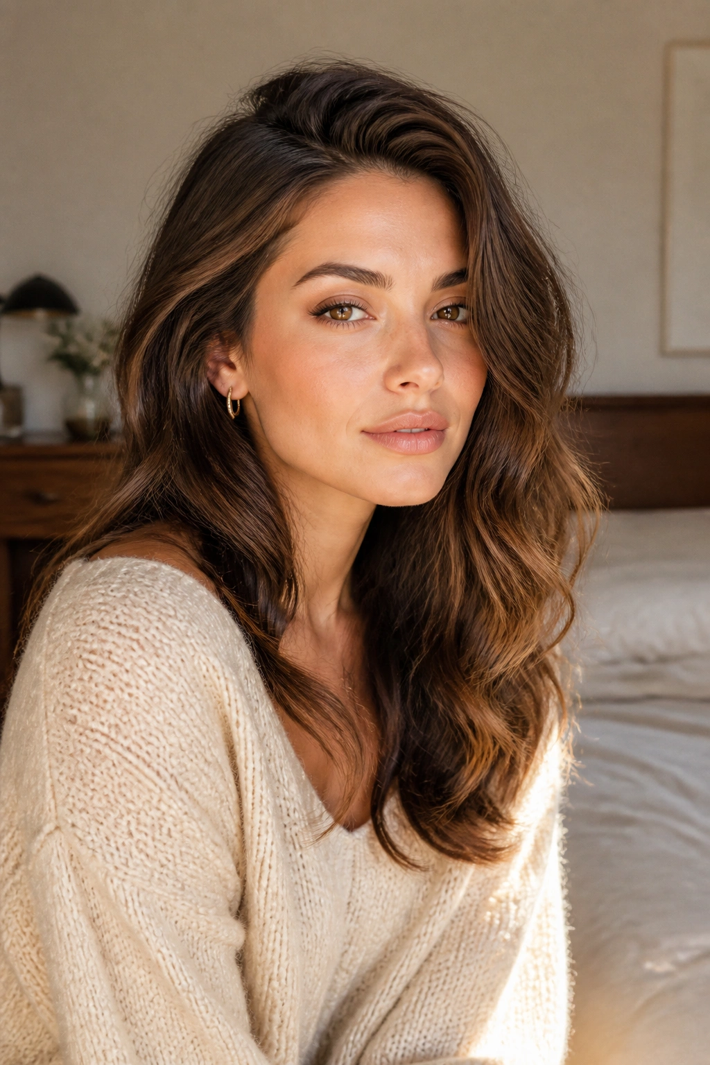 Close-up of a woman with a deep side part and long waves softening a strong jawline